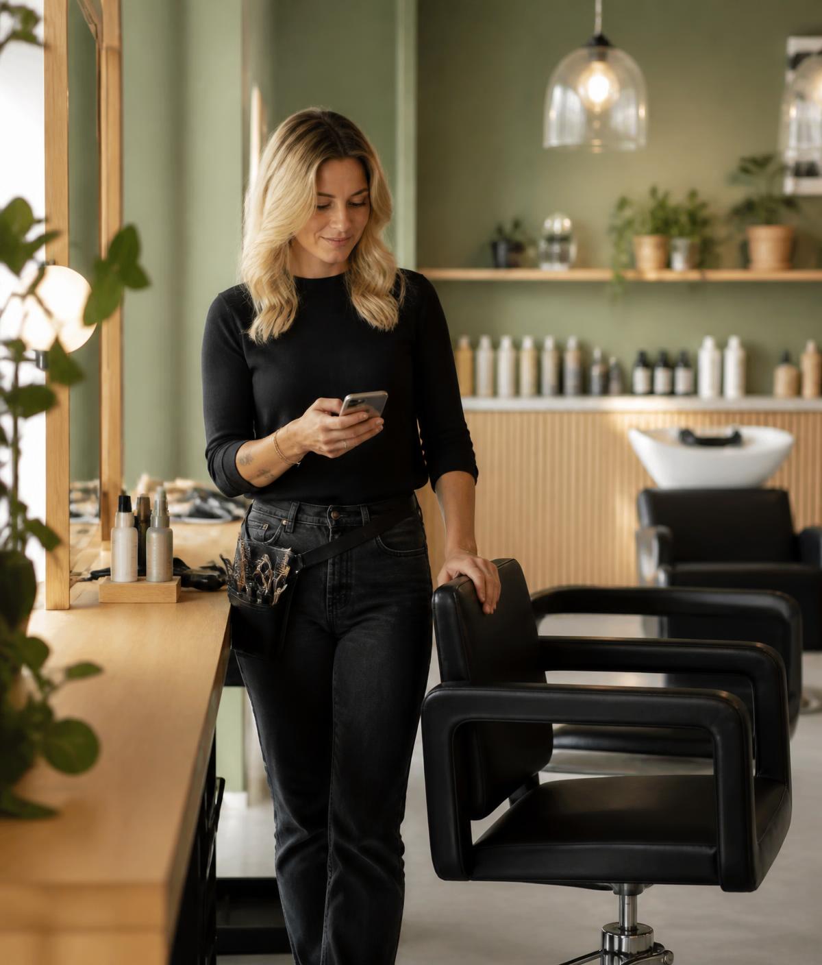 Frisør i egen salong som ser på mobilen mellom kunder